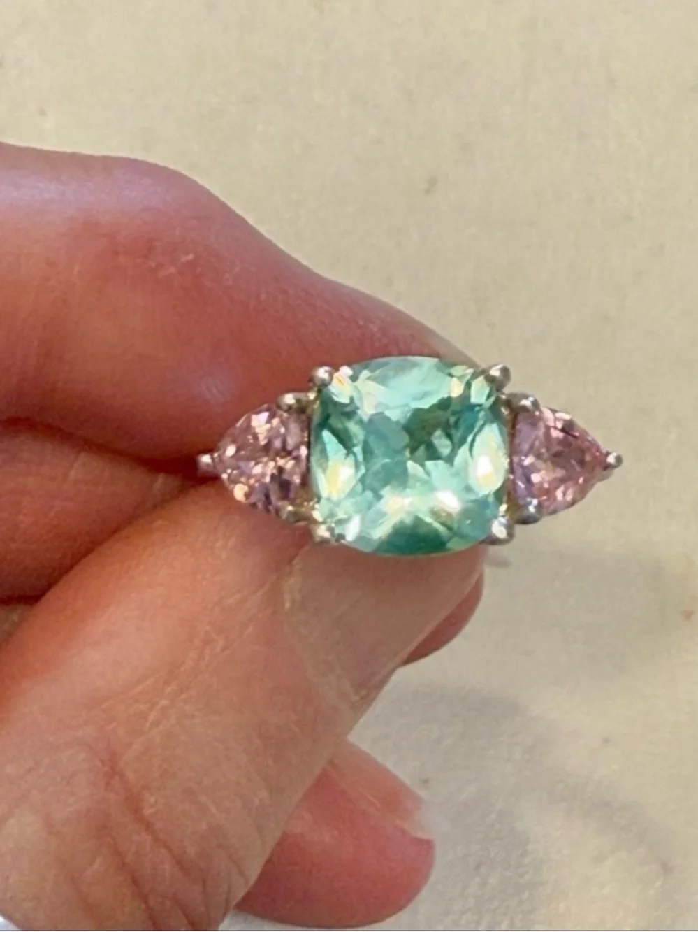 Vintage 80’s Avon Sterling Silver Uranium Green Spinel & Pink CZ Ring Sz8, 3.9g